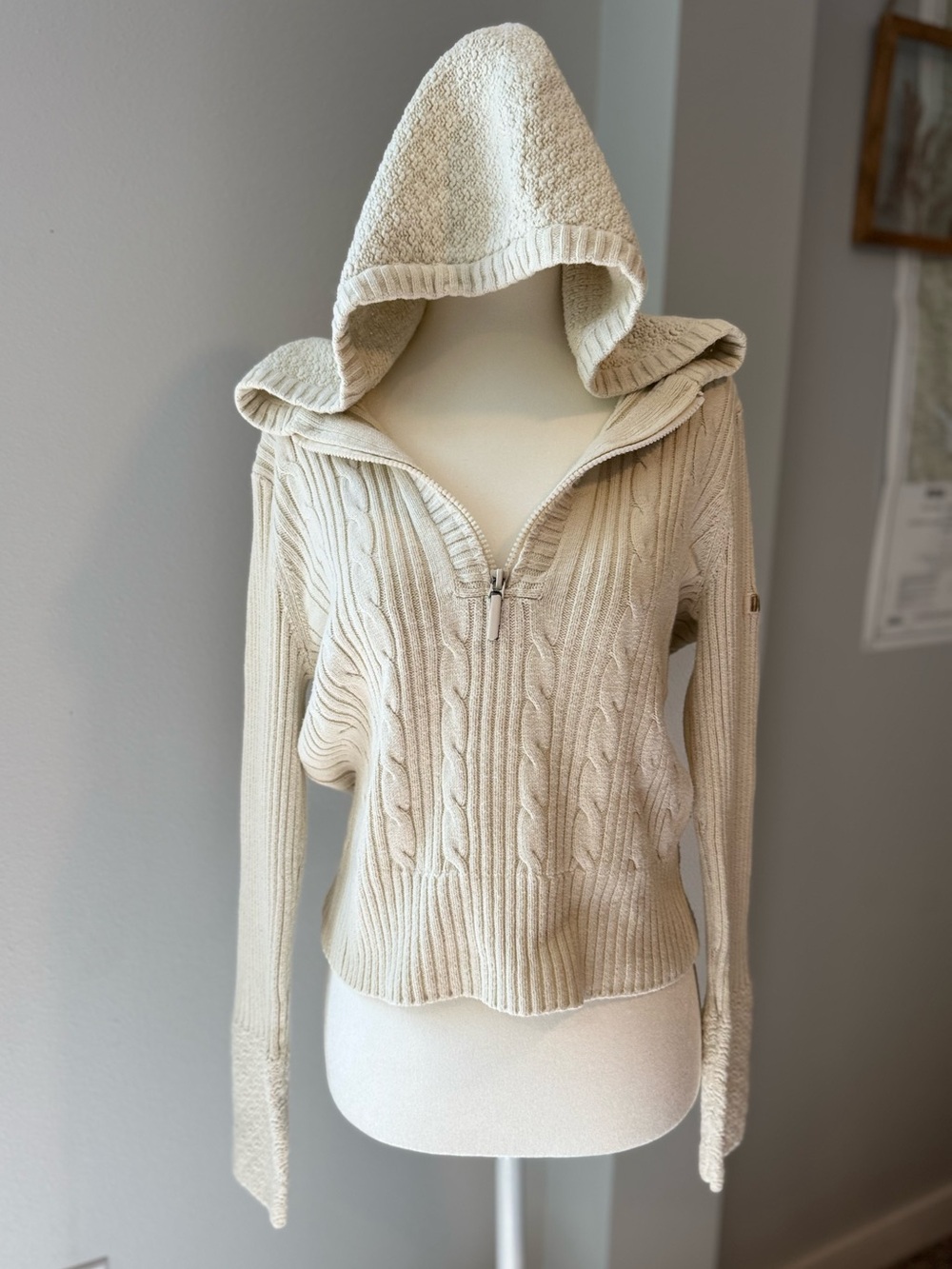 Y2K DKNY Jeans white cream cotton knit quarter zip hoodie sweater size medium